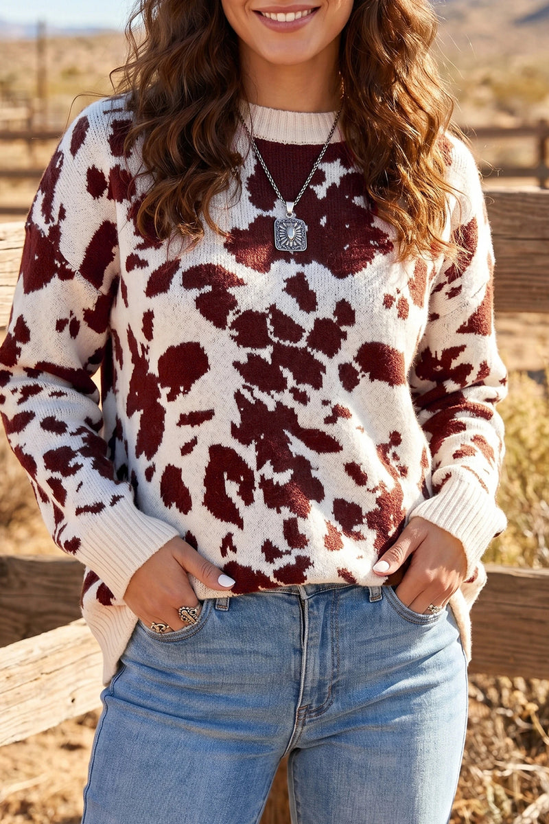 Load image into Gallery viewer, DLLS1024 - Ladies Brown Cow Pattern Long Sleeve Round Neck Pullover Knitwear Sweater
