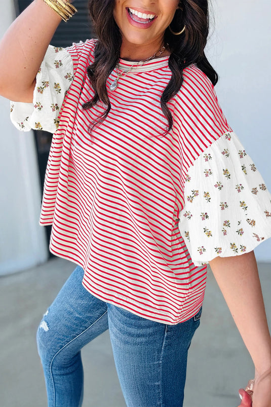 DLLS558 - Ladies Red Stripe Floral Puff Sleeve Patchwork Round Neck Loose Top