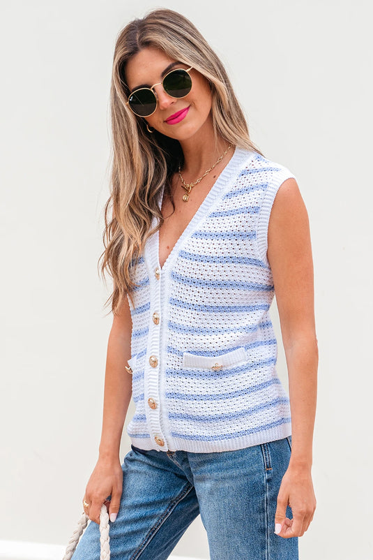 DLLS459 - Ladies Sky Blue Stripe V Neck Gold Buttons Elegant Sweater Vest