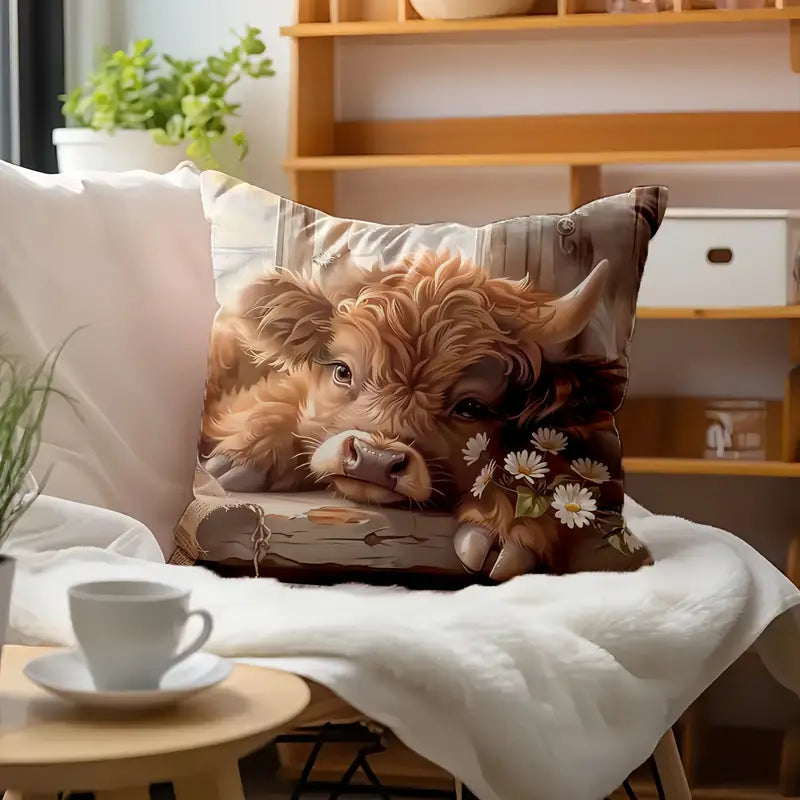 Load image into Gallery viewer, TMPL133 - 2 Piece Set - 18&quot; x 18&quot; Highland Cow &amp; Daisies Throw Pillows
