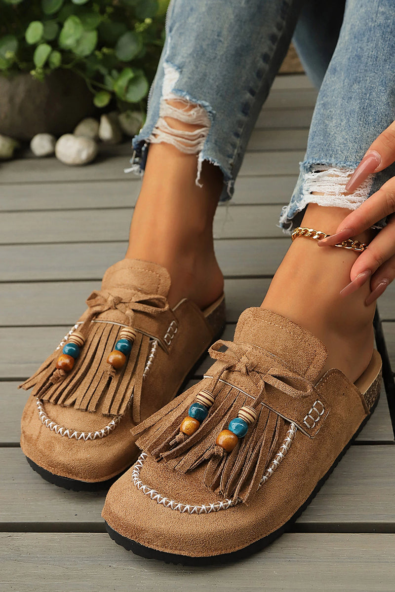 Load image into Gallery viewer, DLLSHOE 175 - Chestnut Boho Fringed Faux Suede Slip-on Loafers Square Toe Slippers
