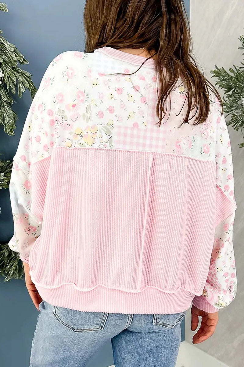 Load image into Gallery viewer, DLLS728 - Ladies Pink Twisted Ribbed Trim Floral Print Patchwork Pullover Sweatshirt
