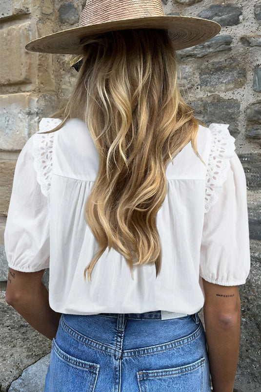 DLLS366 - Ladies White Embroidered Lace Patchwork Tie Neck Puff Short Sleeve Blouse