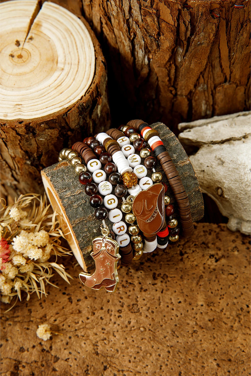 Load image into Gallery viewer, DLLBC 19 - Coffee HOWDY COWGIRL Western Beaded 7pcs Stretch Bracelet Set
