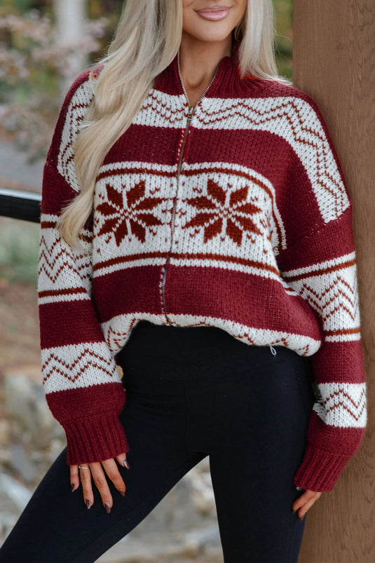 DLLS831 - Ladies Red Geometric Pattern Zip-Up Knit Long Sleeve Regular Fit Cardigan