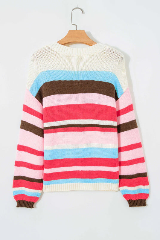 DLLS862 - Ladies Pink Stripe Striped Colorblock Drop Shoulder Cardigan