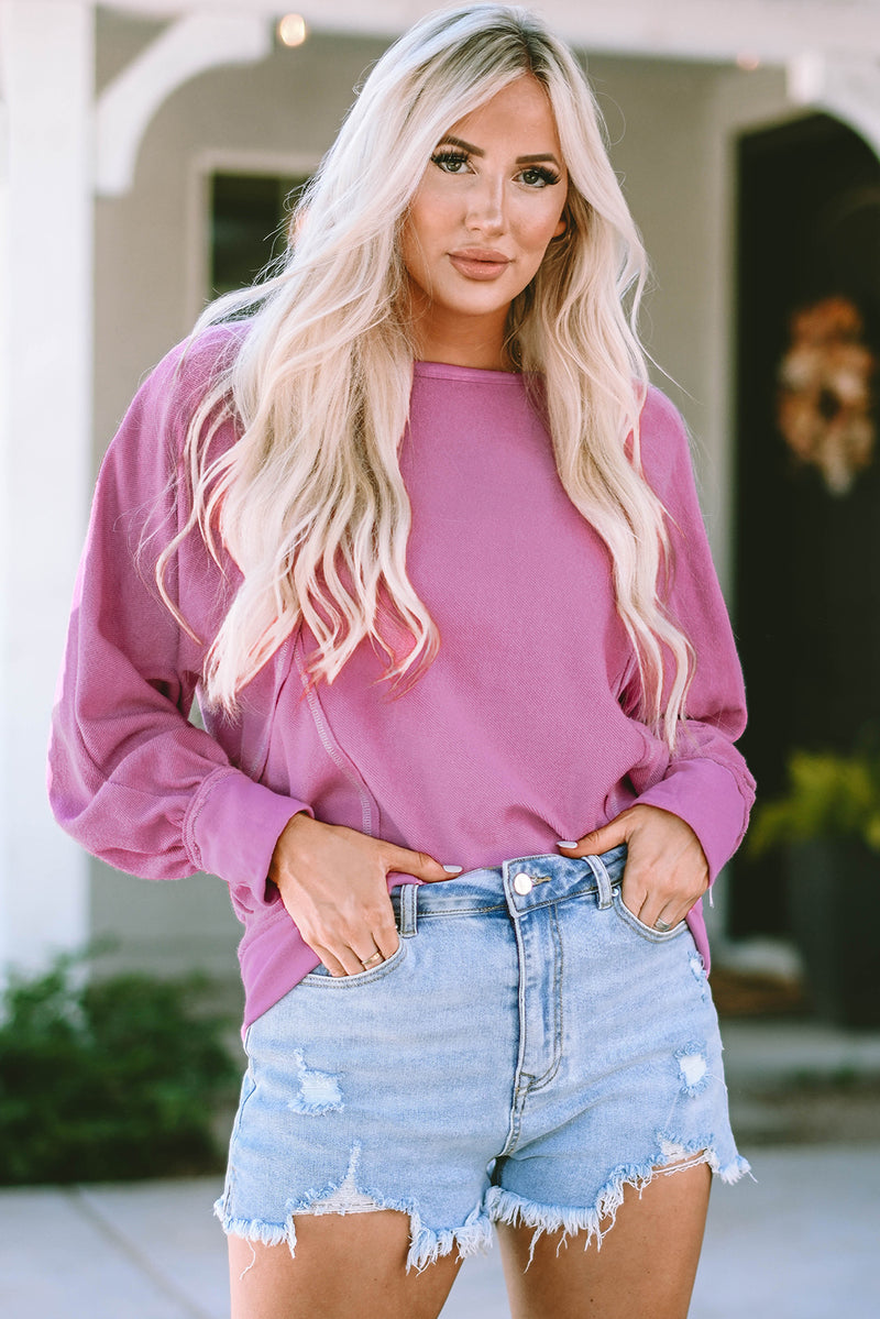Load image into Gallery viewer, DLLS112 - Ladies Pink Exposed Seam Round Neck Terry Pullover
