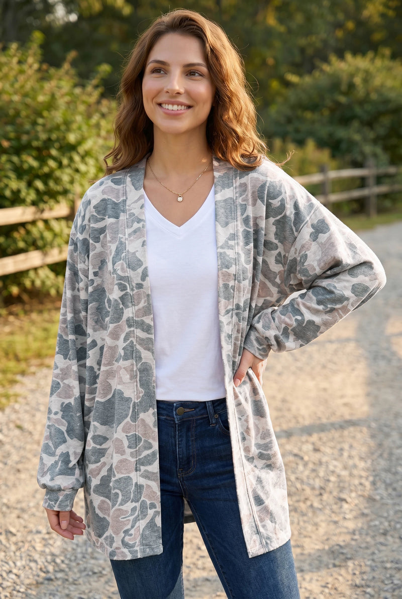 Load image into Gallery viewer, DLLS722 - Ladies Multicolour Camouflage Print Long Sleeve Open Front Tunic Cardigan
