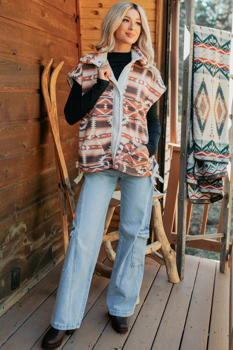Load image into Gallery viewer, DLLS855 - Ladies Multicolour Geometric Print Fleece Button Placket Shift Silhouette Vest
