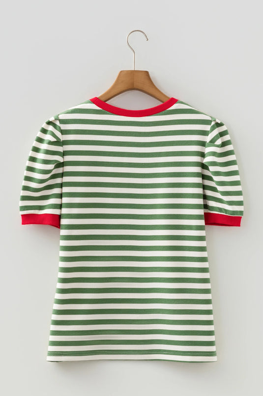 DLLS435 - Ladies Green Stripe Short Puff Sleeve Contrast Trim Round Neck Tee