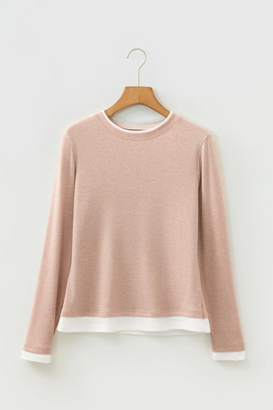 DLLS929 - Ladies Smoke Gray False Two Piece Color Block Patchwork Long Sleeve Top