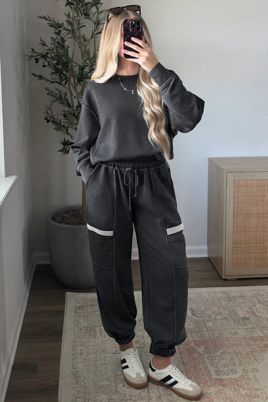 DLLS1084 - Ladies Carbon Grey Solid Colorblock Jogger Pants Set