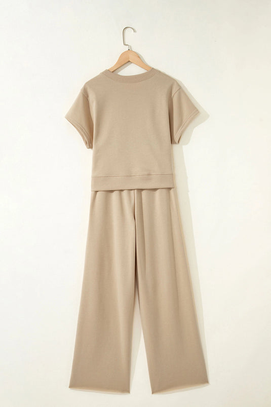 DLLS932 - Ladies Parchment Solid Color Loose Tee Drawstring Wide Leg Pants 2pcs Outfit