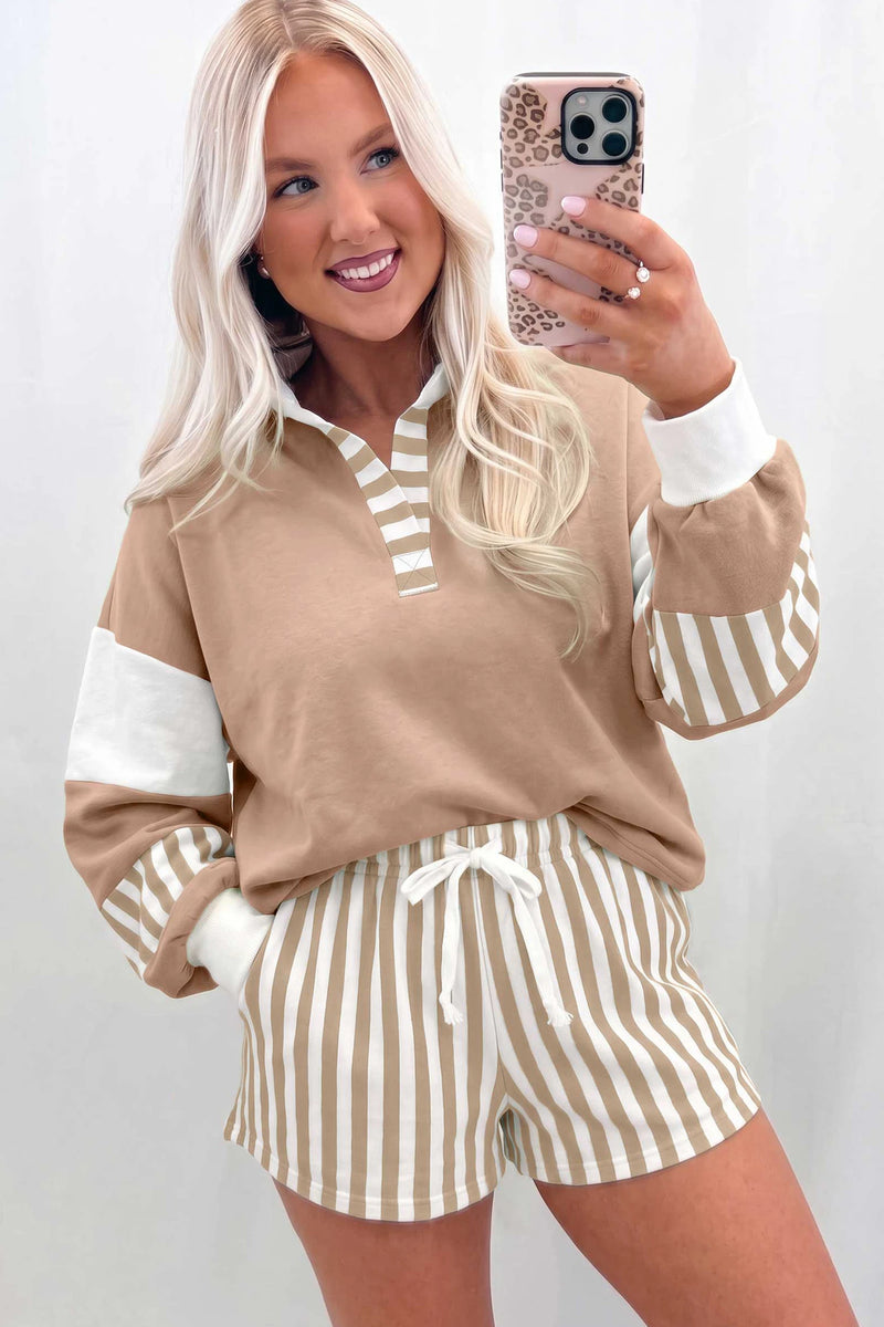 Load image into Gallery viewer, DLLS1102 - Ladies Smoke Gray Striped Color Block Pullover Top Drawstring Shorts Set
