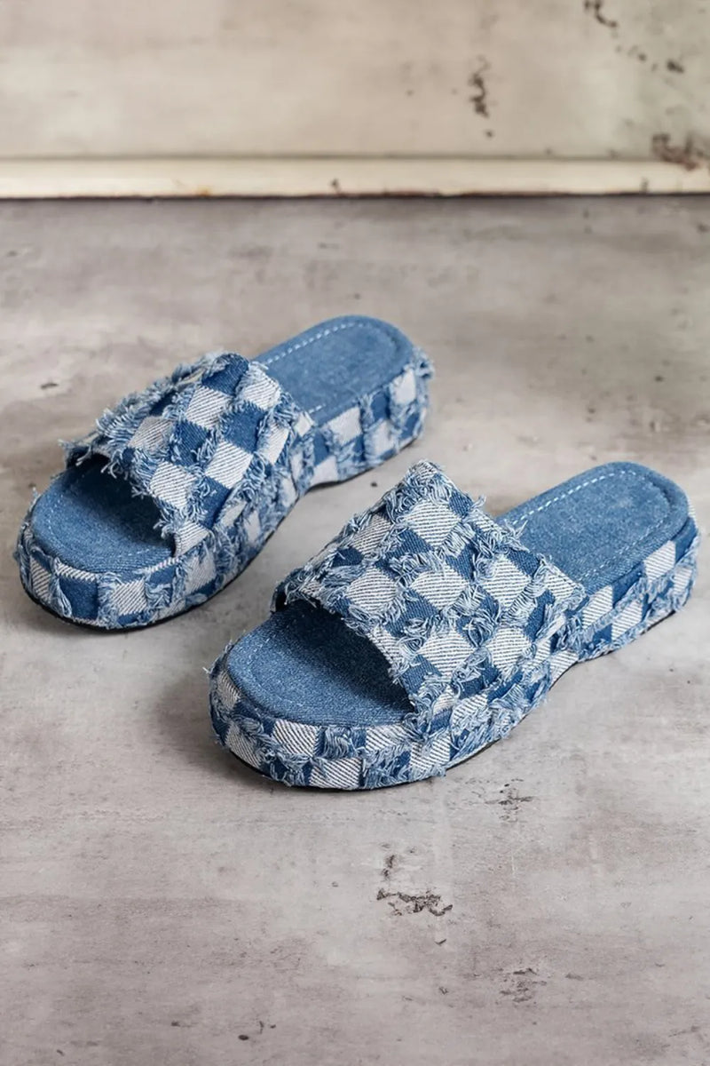 Load image into Gallery viewer, DLLSHOE 121 - Peacock Blue Frayed Checkered Pattern Low Platform Canvas Slippers
