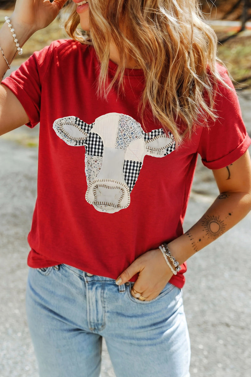 Load image into Gallery viewer, DLLS1016 - Ladies Red Western Patchwork Cow Print Round Neck Casual T Shirt
