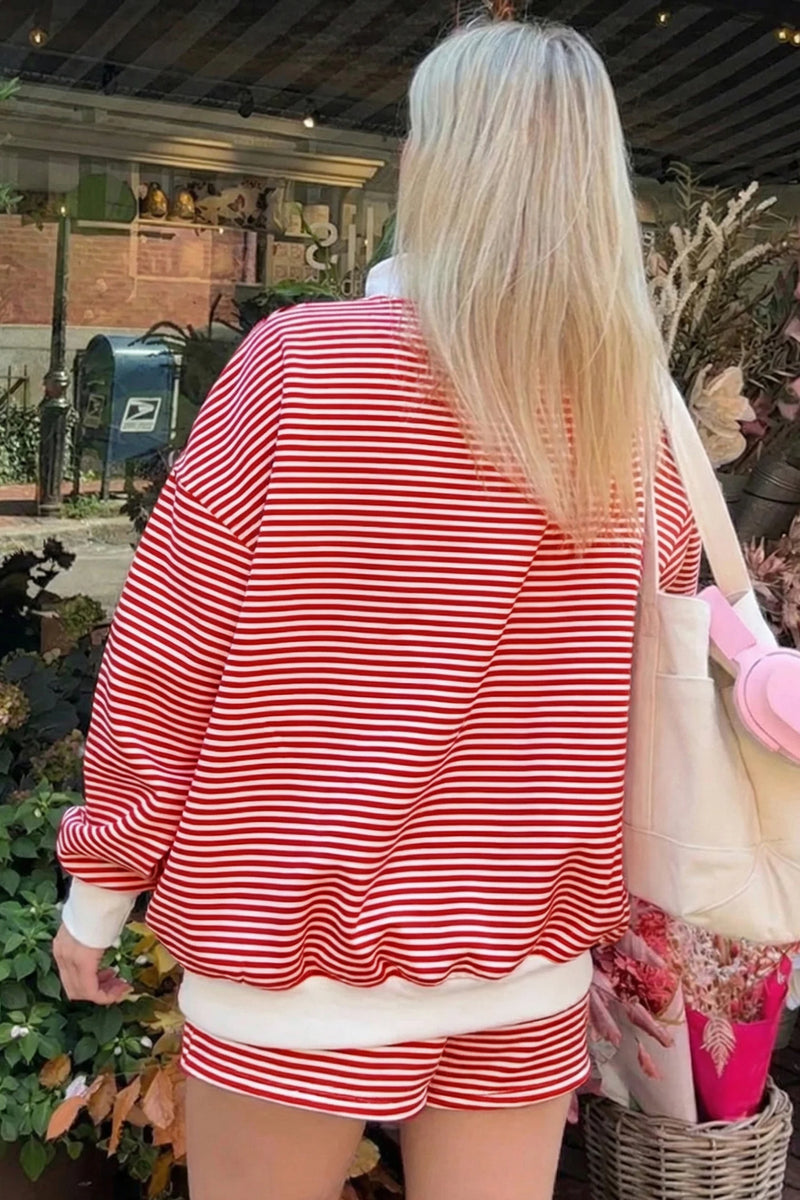 Load image into Gallery viewer, DLLS774 - Ladies Red Stripe Oversize Mock Neck Sweatshirt and Shorts Set
