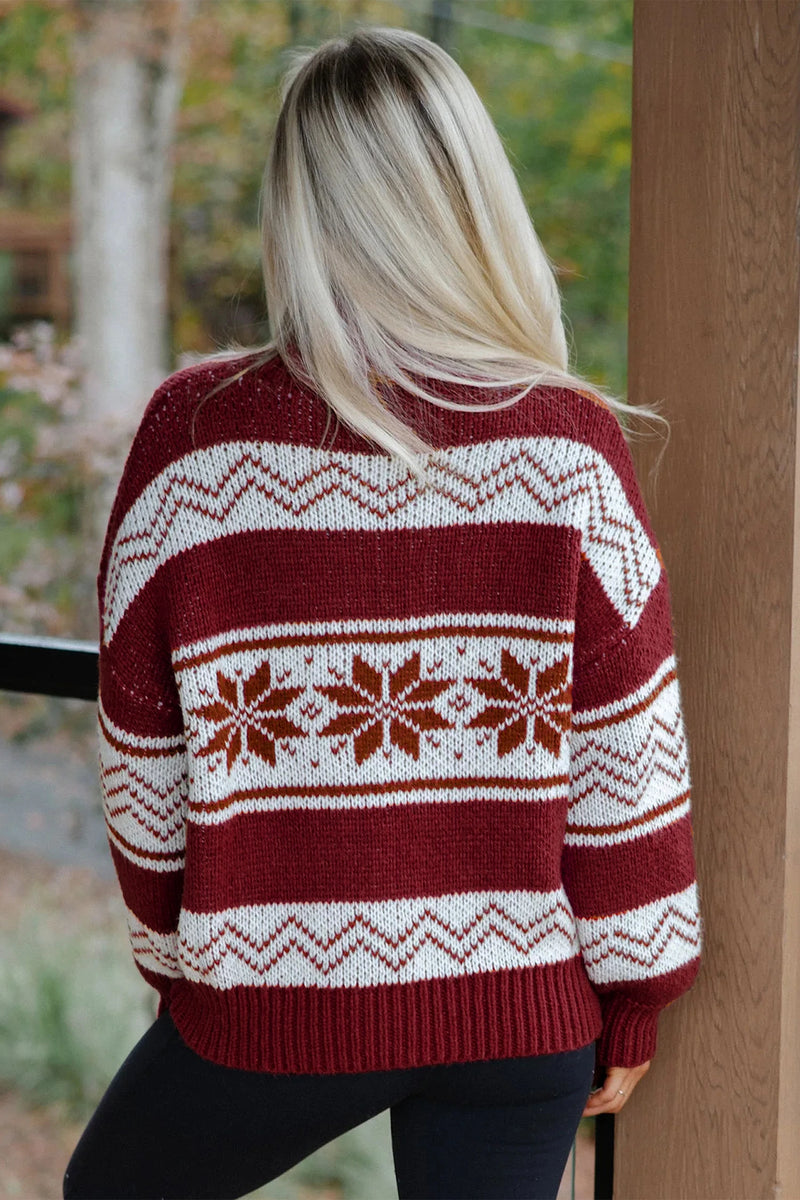 Load image into Gallery viewer, DLLS831 - Ladies Red Geometric Pattern Zip-Up Knit Long Sleeve Regular Fit Cardigan
