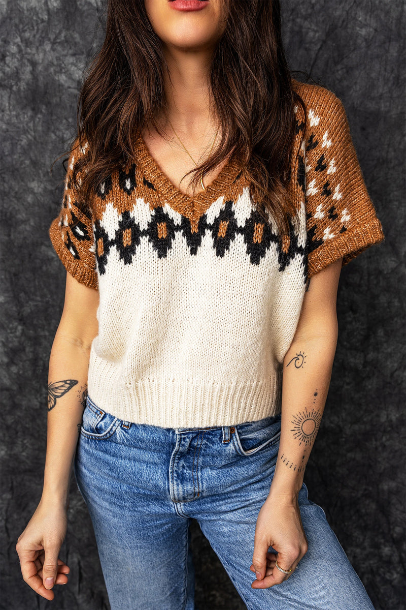 Load image into Gallery viewer, DLLS658 - Ladies Brown Geometric Pattern V Neck Short Sleeve Western Style Knit Top
