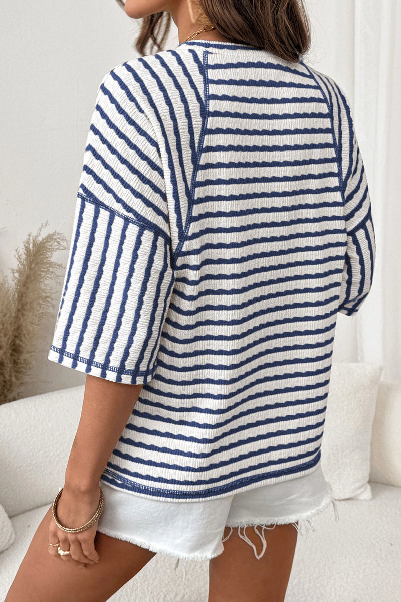 Load image into Gallery viewer, DLLS393 - Ladies Blue Stripe Textured Knit Split Hem Half Sleeve Loose Top
