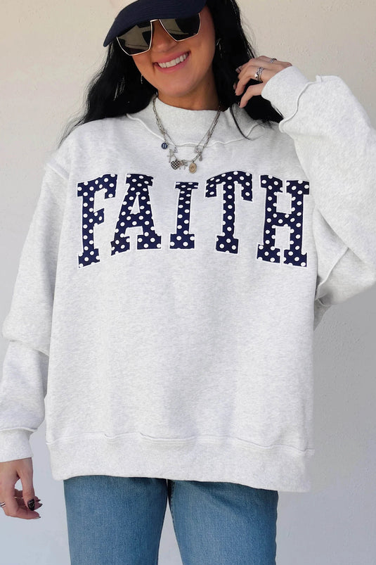 DLLS730 - Ladies Light Grey High Neck Polka Dot Slogan Printed Baggy Sweatshirt