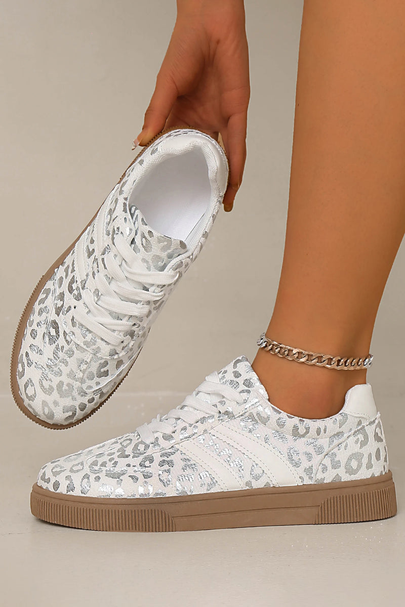 Load image into Gallery viewer, DLLSHOE 95 - Silvery Metallic Leopard Print Lace Up Flat Shoes
