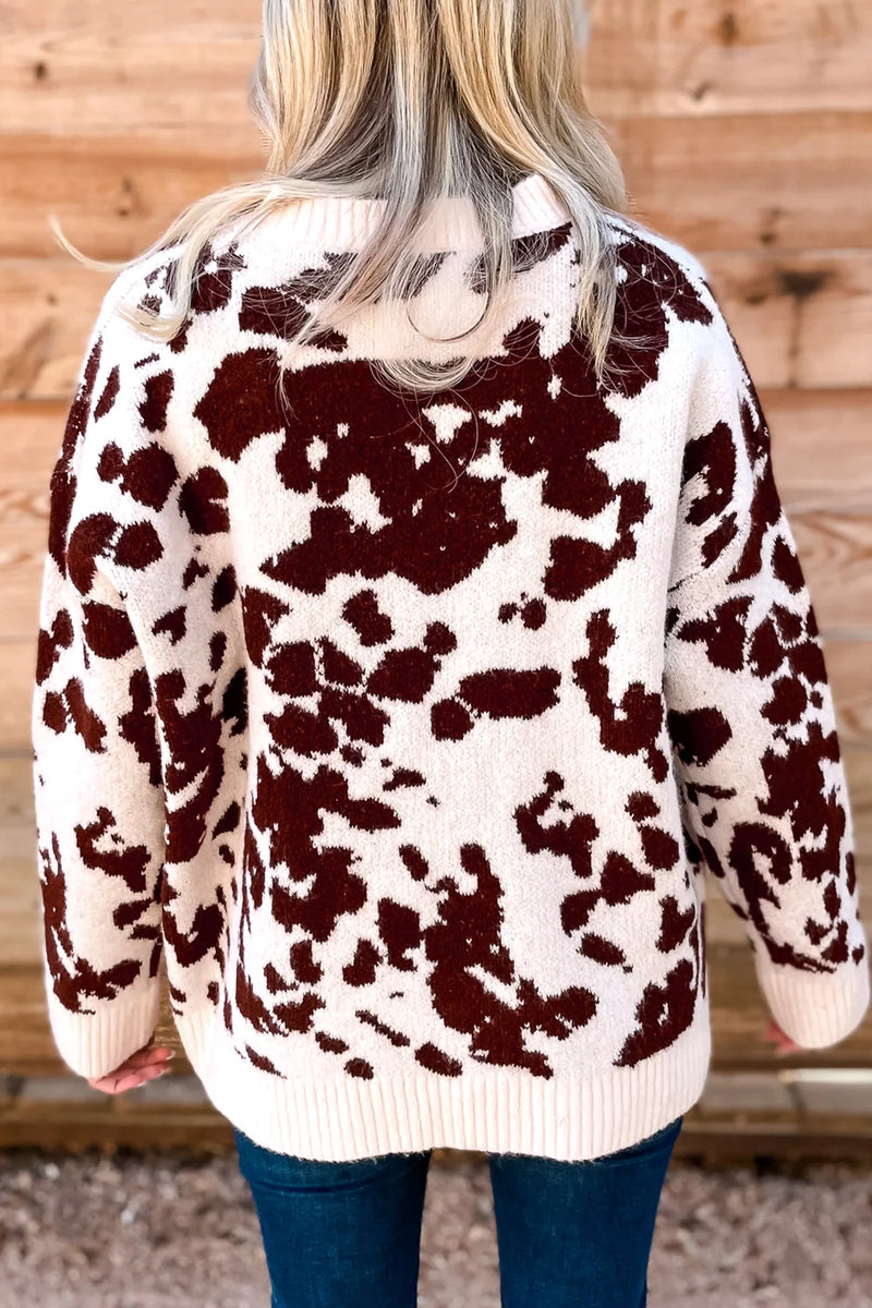 Load image into Gallery viewer, DLLS1024 - Ladies Brown Cow Pattern Long Sleeve Round Neck Pullover Knitwear Sweater

