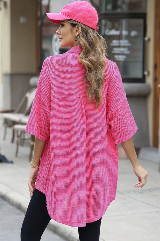 DLLS545 - Ladies Bright Pink Waffle Textured Knit Button Down Short Sleeve Shacket