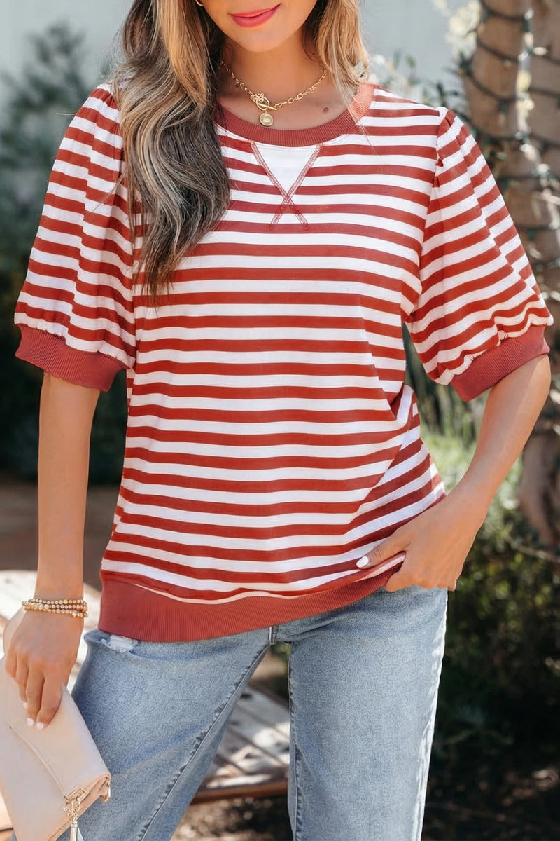 Load image into Gallery viewer, DLLS937 - Ladies Orange Stripe Short Bubble Sleeve T Shirt
