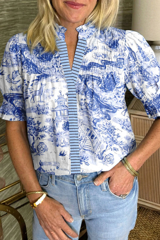 DLLS603 - Ladies Blue Wild Animal Paradise Striped Detail V Neck Blouse