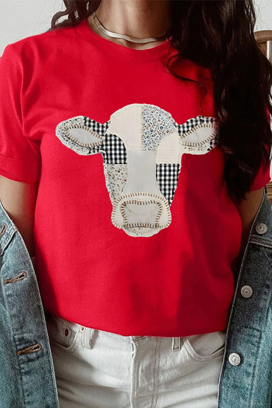 DLLS1016 - Ladies Red Western Patchwork Cow Print Round Neck Casual T Shirt