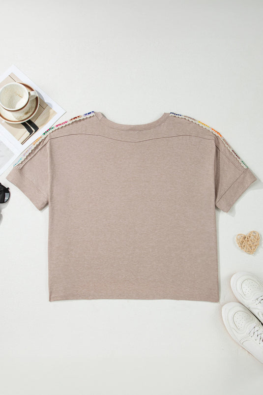 DLLS543 - Ladies Parchment Granny Square Crochet Detail Loose T Shirt