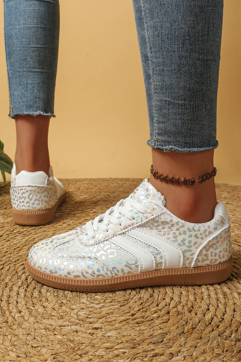 Load image into Gallery viewer, DLLSHOE 27 - White PU Leather Detail Shimmer Leopard Printed Lace-up Sneakers
