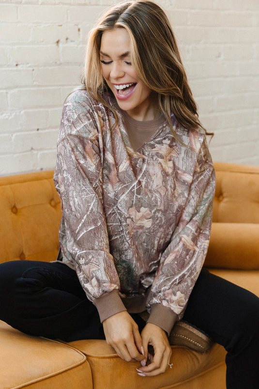 DLLS736 - Ladies Brown Abstract Camo Print Color Block Detail Baggy Pullover Sweatshirt
