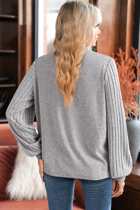 DLLS192 - Ladies Gray Hollowed Lace Ribbed Knit Long Sleeve Patchwork Top