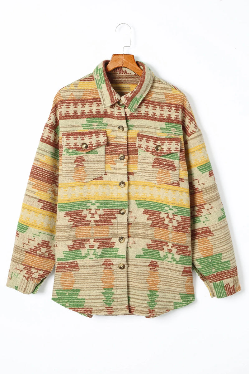 Load image into Gallery viewer, DLLS743 - Ladies Yellow Western Aztec Print Button Flap Pocket Shacket
