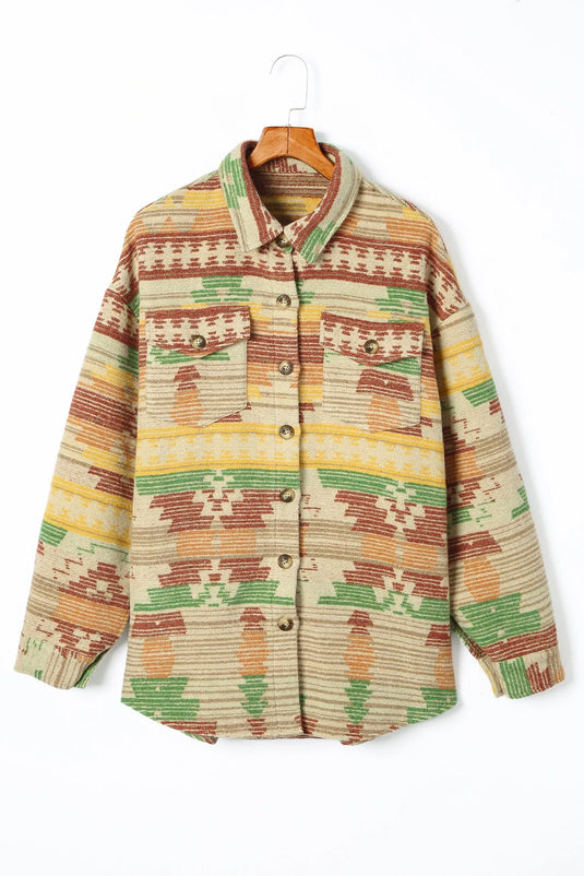 DLLS743 - Ladies Yellow Western Aztec Print Button Flap Pocket Shacket