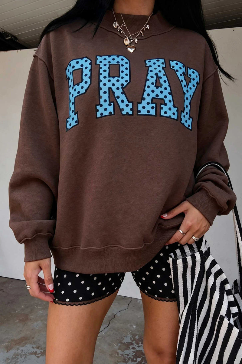 Load image into Gallery viewer, DLLS1032 - Ladies Coffee PRAY Polka Dot Embroidered Mock Neck Sweatshirt
