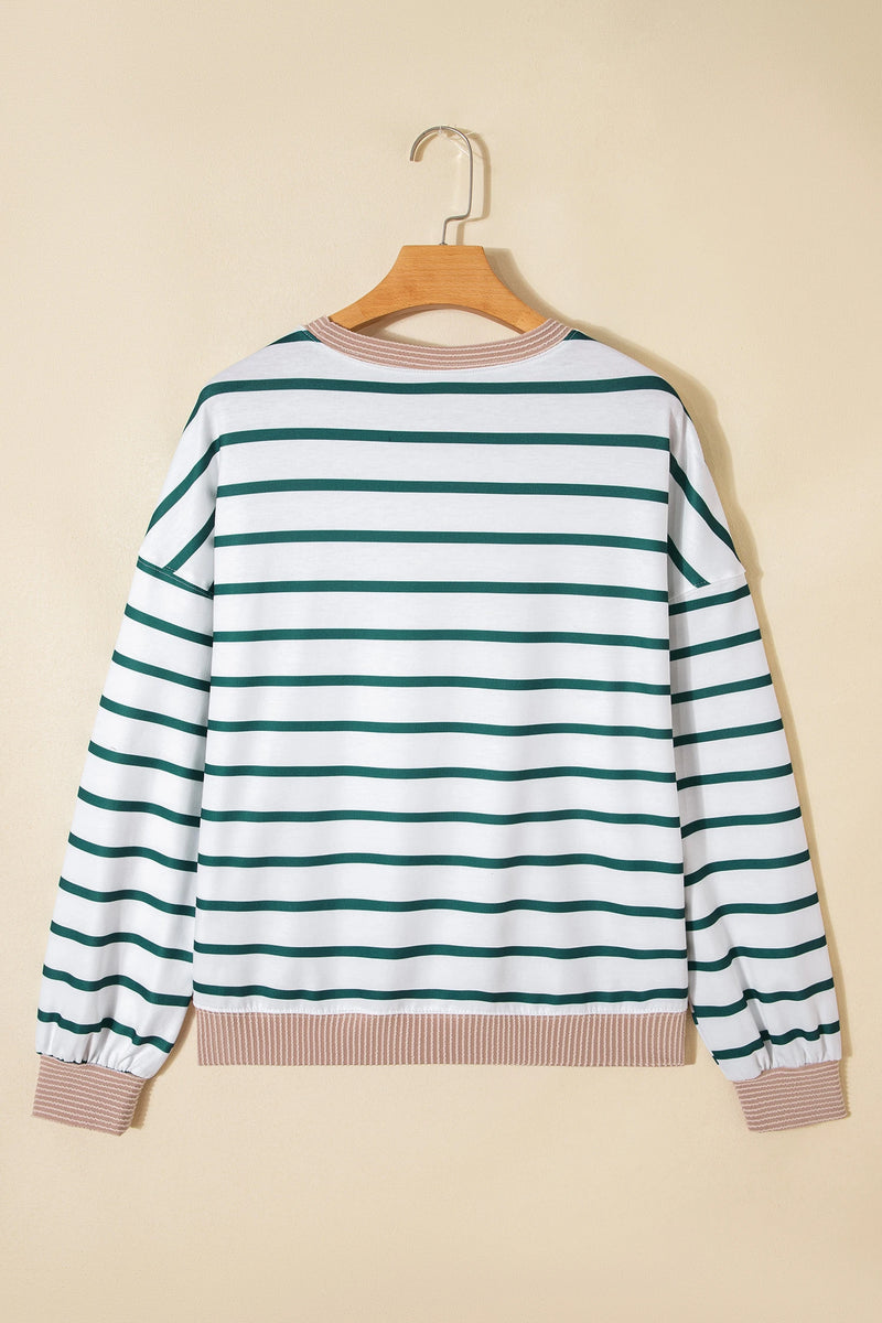 Load image into Gallery viewer, DLLS405 - Ladies White Stripe Twisted Ribbed Patchwork Drop Shoulder Round Neck Sweatshirt
