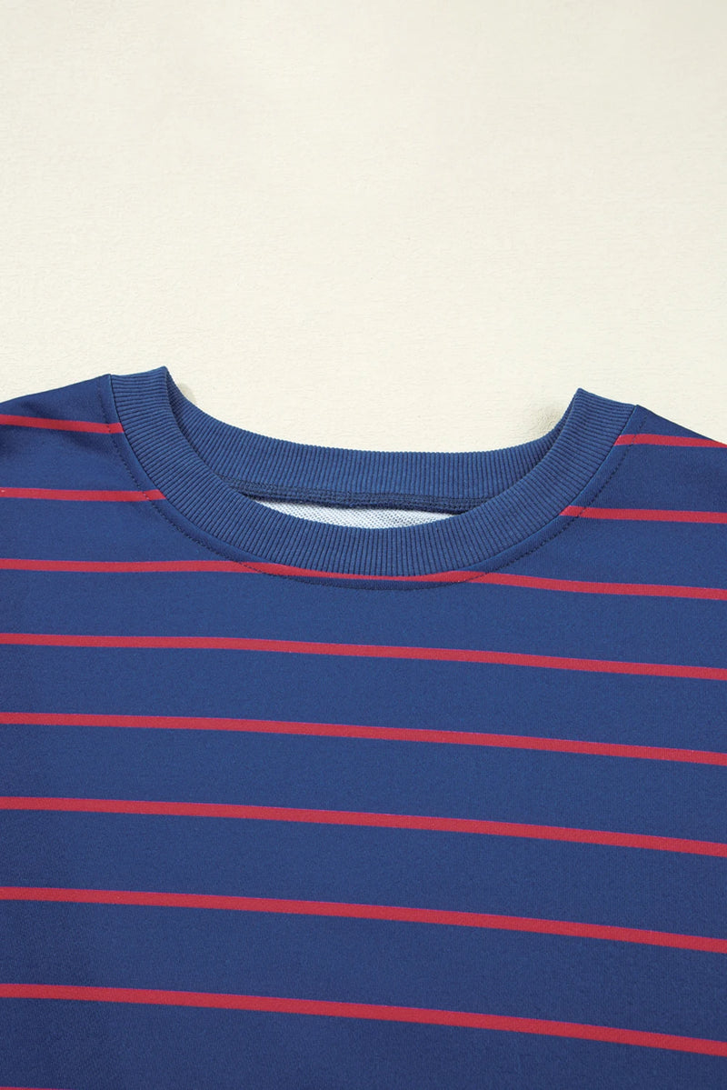 Load image into Gallery viewer, DLLS231 - Ladies Blue Stripe Stylish Overlap Detail Drop Shoulder Pullover Sweatshirt

