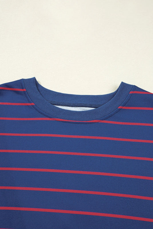 DLLS231 - Ladies Blue Stripe Stylish Overlap Detail Drop Shoulder Pullover Sweatshirt