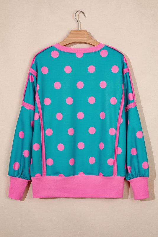 DLLS1056 - Ladies Blue Polka Dot Contrast Patchwork Round Neck Baggy Sweatshirt