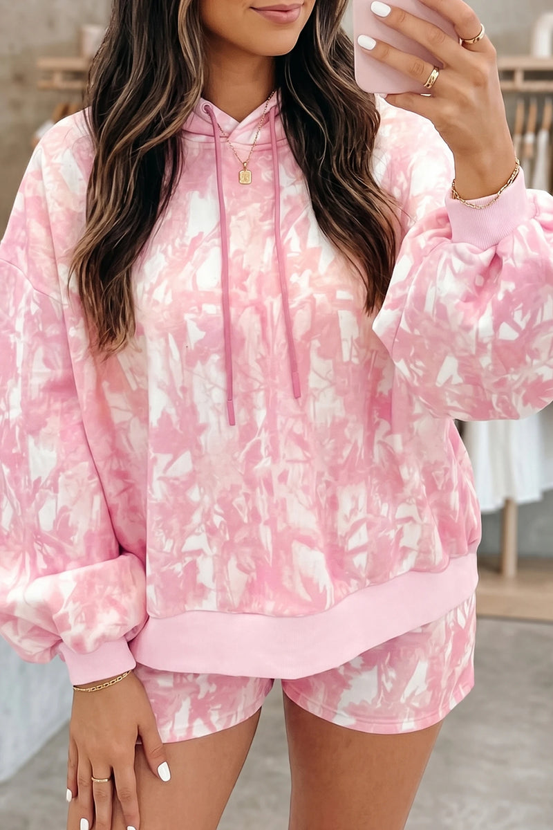 Load image into Gallery viewer, DLLS647 - Ladies Pink Long Sleeve Pullover Hoodie and Shorts Set with Elastic Waistband
