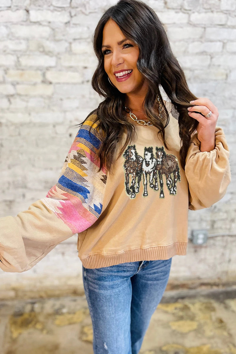 Load image into Gallery viewer, DLLS751 - Ladies Light Beige Western Horses Aztec Sleeve Western Fashion Sweatshirt
