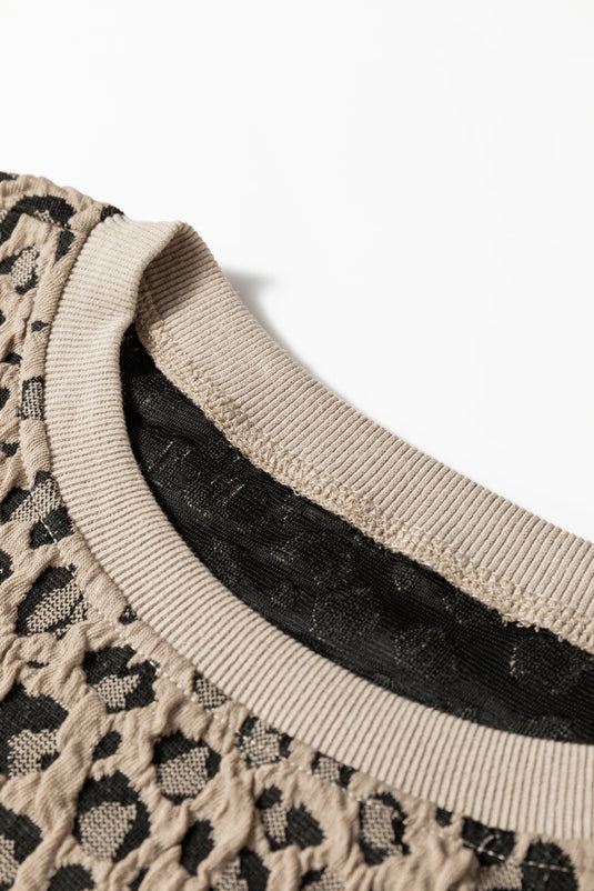 DLLS301 - Ladies Khaki Ribbed Trim Leopard Print Long Sleeve Top