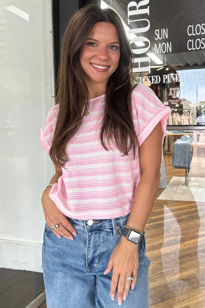 Load image into Gallery viewer, DLLS506 - Ladies Pink Striped Print Waffle Knit T Shirt
