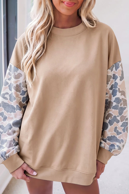 DLLS1136 - Ladies Beige Camouflage Sleeve Crewneck Baggy Pullover Sweatshirt