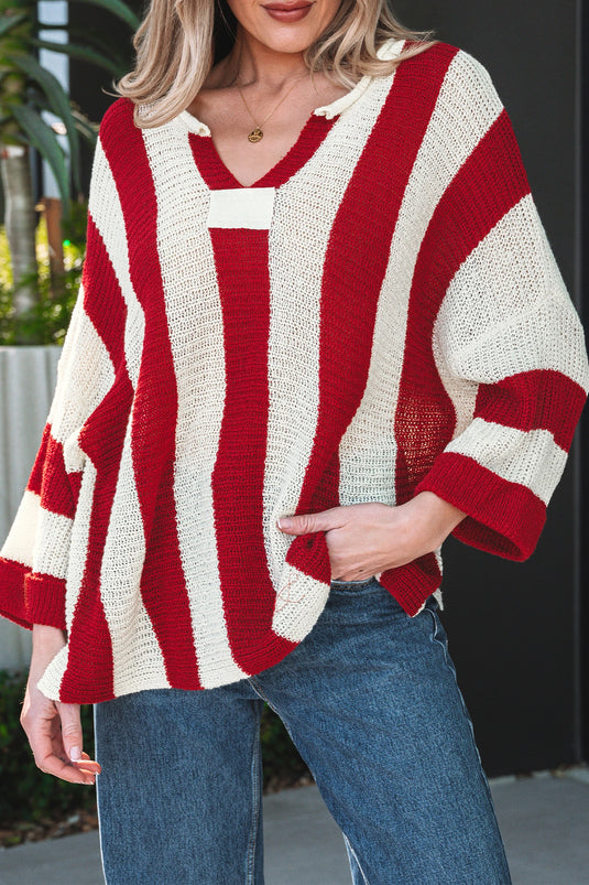 DLLS414 - Ladies Red Stripe Colorblock V Neck Bracelet Sleeve Sweater