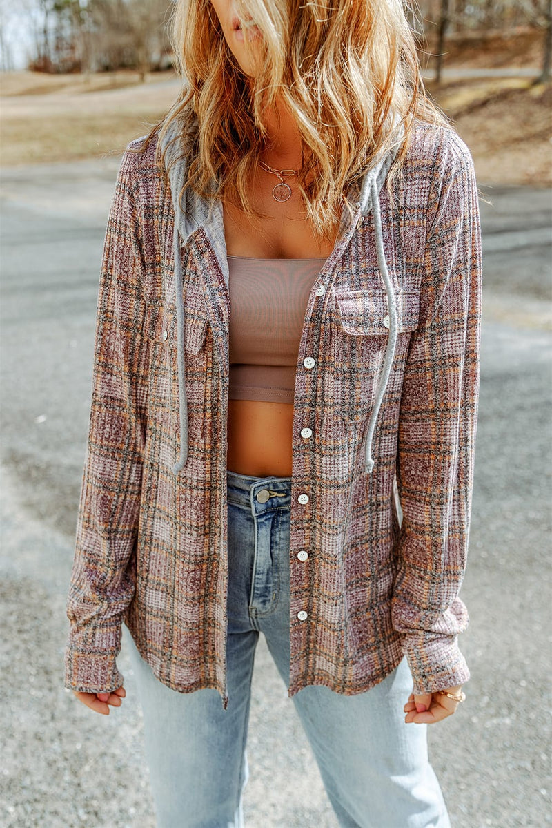 Load image into Gallery viewer, DLLS111 - Ladies Purple Plaid Contrast Hooded Drawstring Shacket
