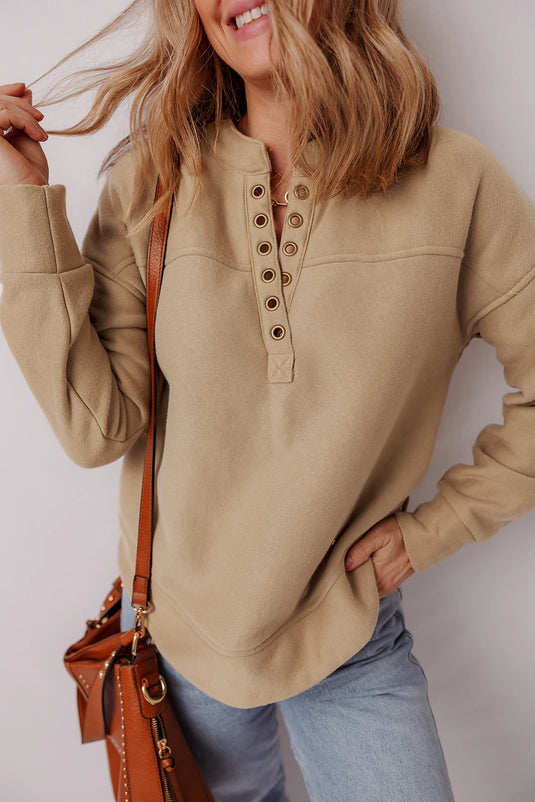 DLLS229 - Ladies Light French Beige Grommet Detail V Neck Sweatshirt